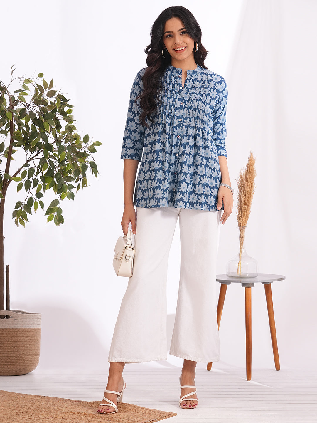 Women’s Blue Floral Cotton Dabu Printed Pintuck Top