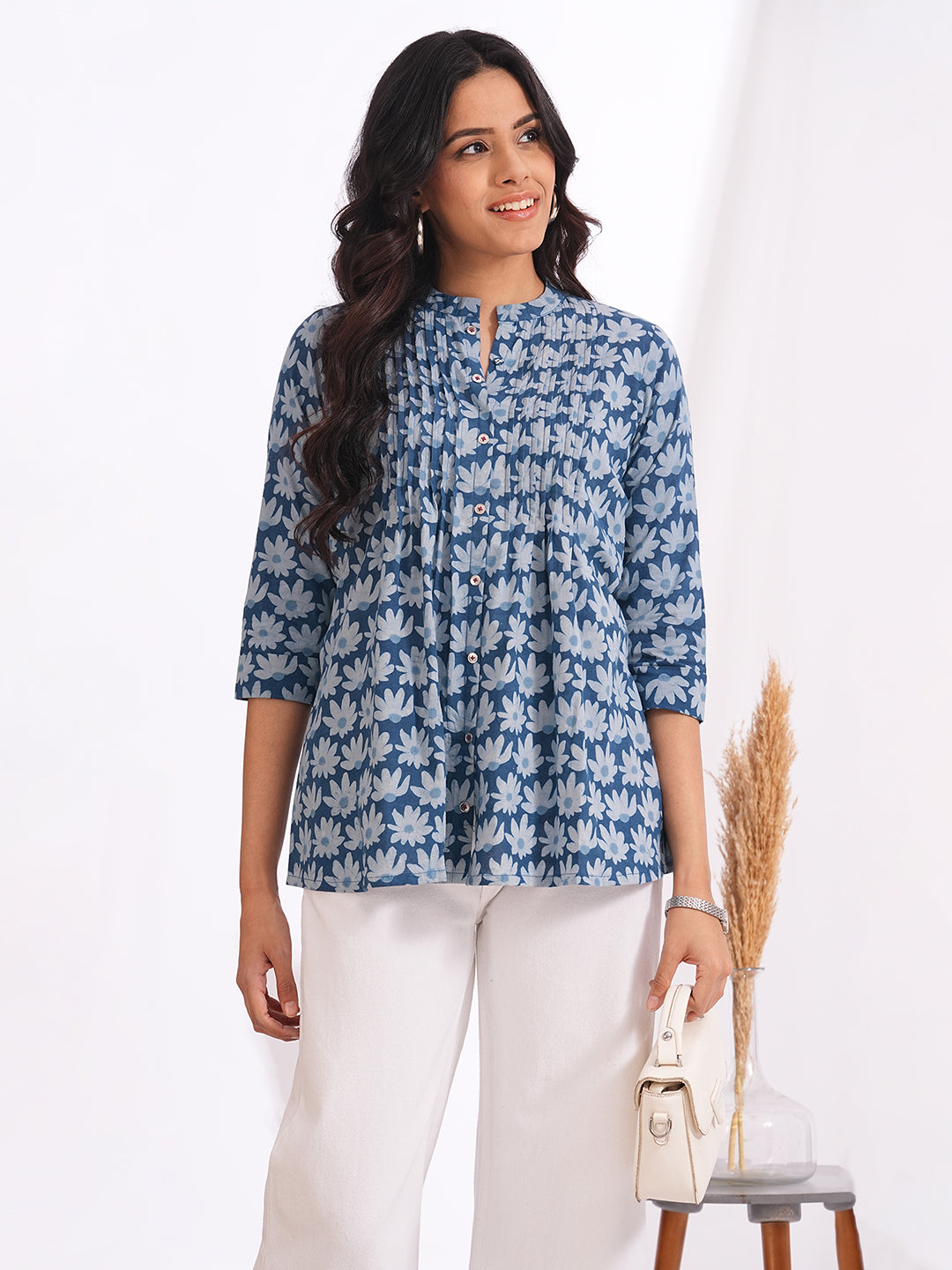 Women’s Blue Floral Cotton Dabu Printed Pintuck Top