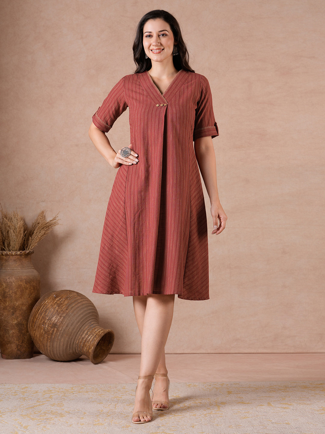 A-Line Striped Cotton Dress with Handwork, Bias Panels & Knife Pleat.