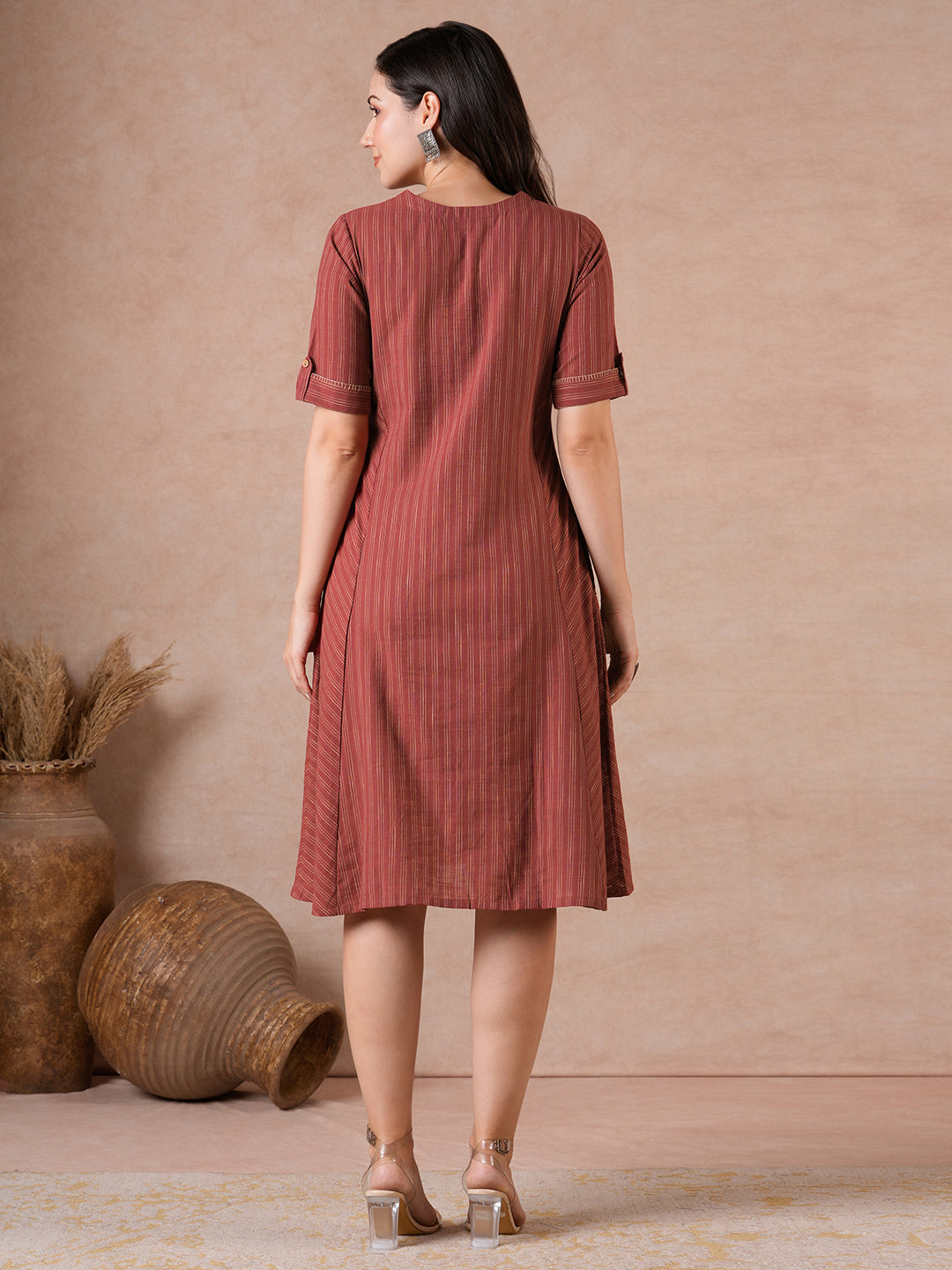 A-Line Striped Cotton Dress with Handwork, Bias Panels & Knife Pleat.