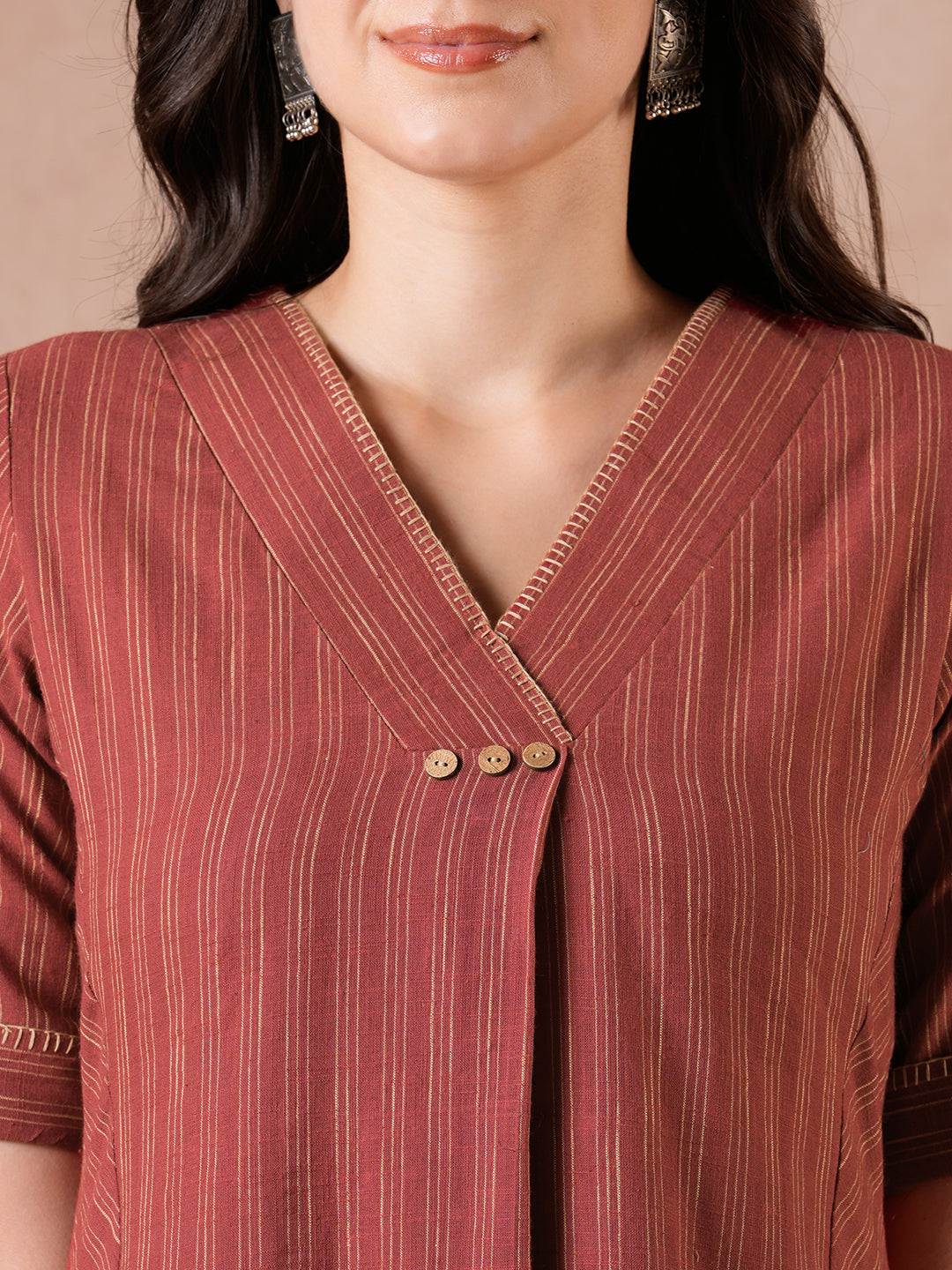 A-Line Striped Cotton Dress with Handwork, Bias Panels & Knife Pleat.