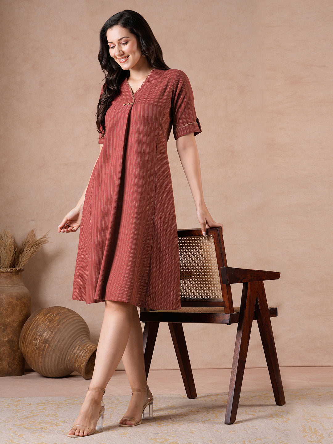 A-Line Striped Cotton Dress with Handwork, Bias Panels & Knife Pleat.