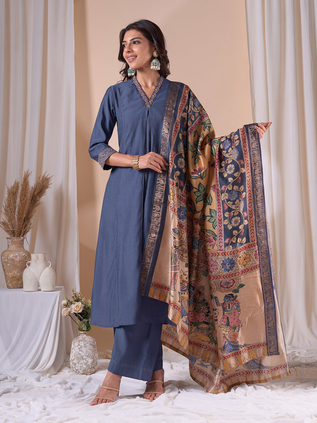A-Line Silk Blend Kurta Suit Set with Embroidery, Plain Palazzo and Printed Dupatta.