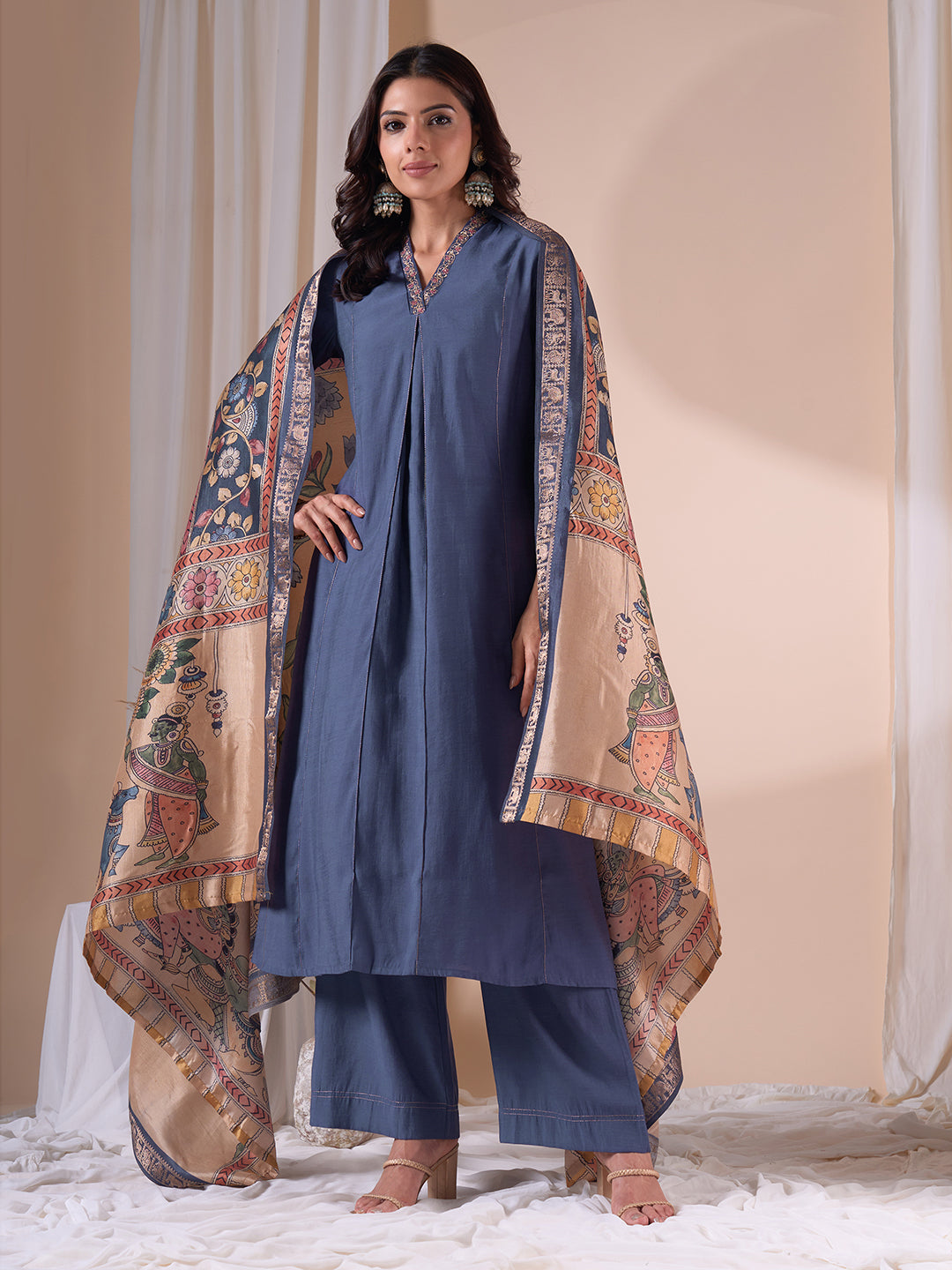 A-Line Silk Blend Kurta Suit Set with Embroidery, Plain Palazzo and Printed Dupatta.