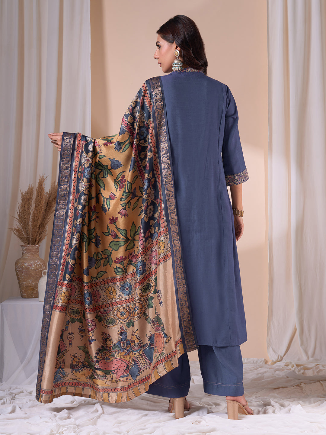 A-Line Silk Blend Kurta Suit Set with Embroidery, Plain Palazzo and Printed Dupatta.