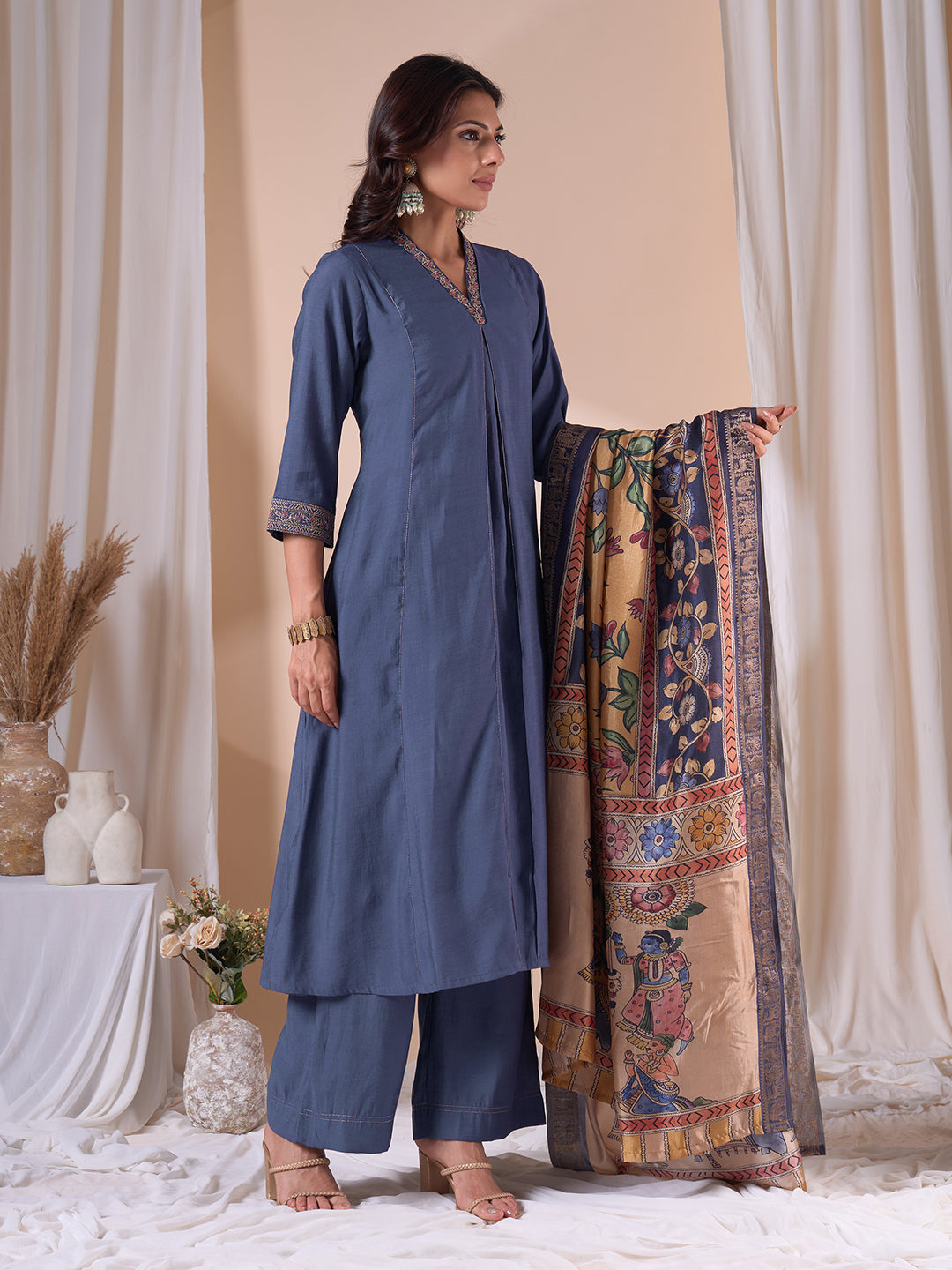 A-Line Silk Blend Kurta Suit Set with Embroidery, Plain Palazzo and Printed Dupatta.