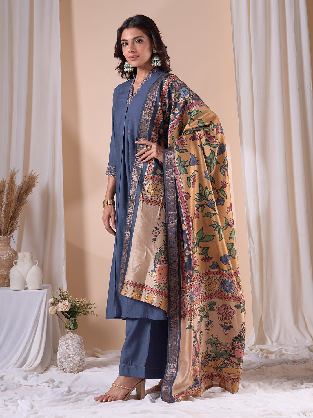 A-Line Silk Blend Kurta Suit Set with Embroidery, Plain Palazzo and Printed Dupatta.