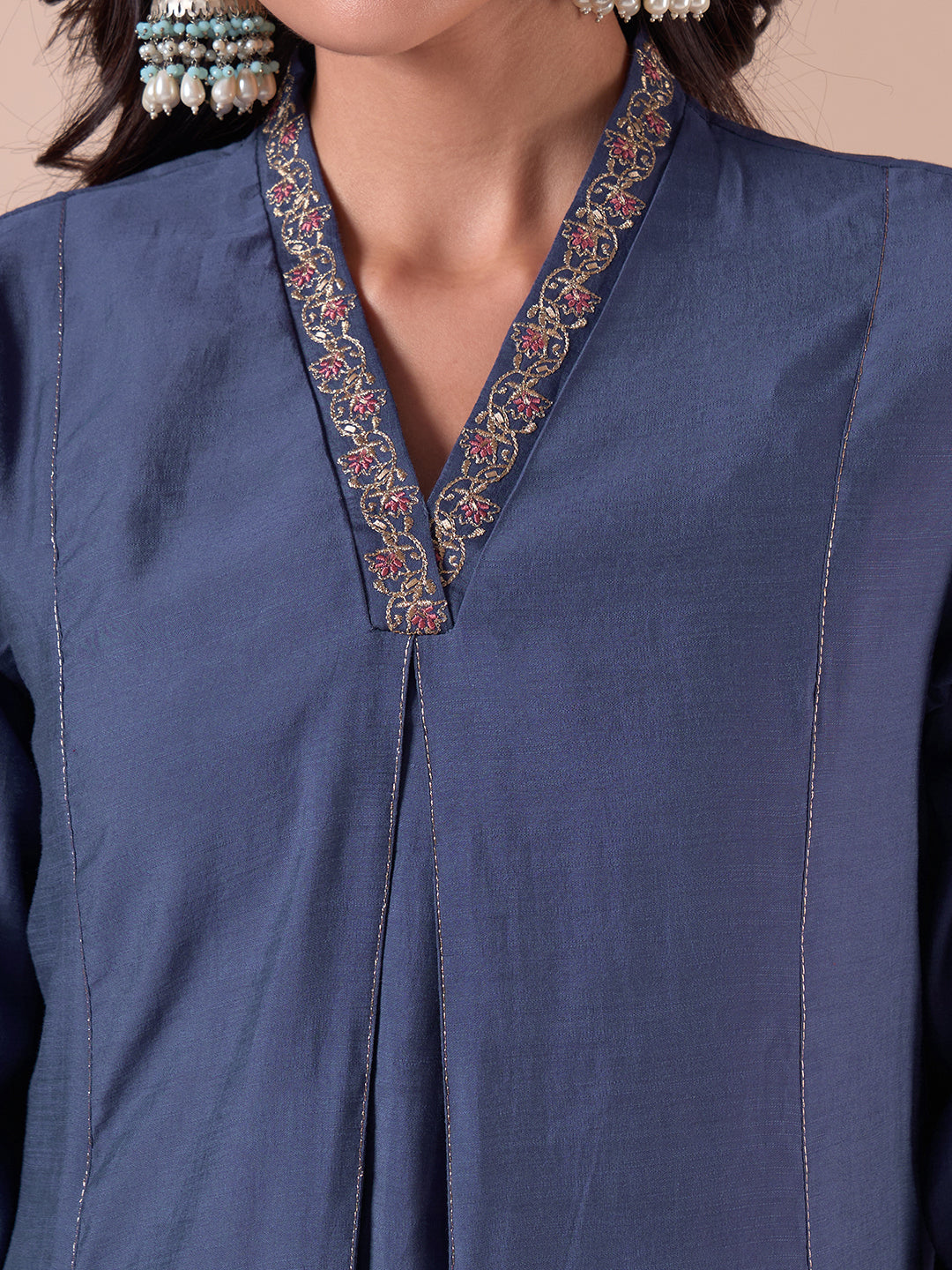 A-Line Silk Blend Kurta Suit Set with Embroidery, Plain Palazzo and Printed Dupatta.