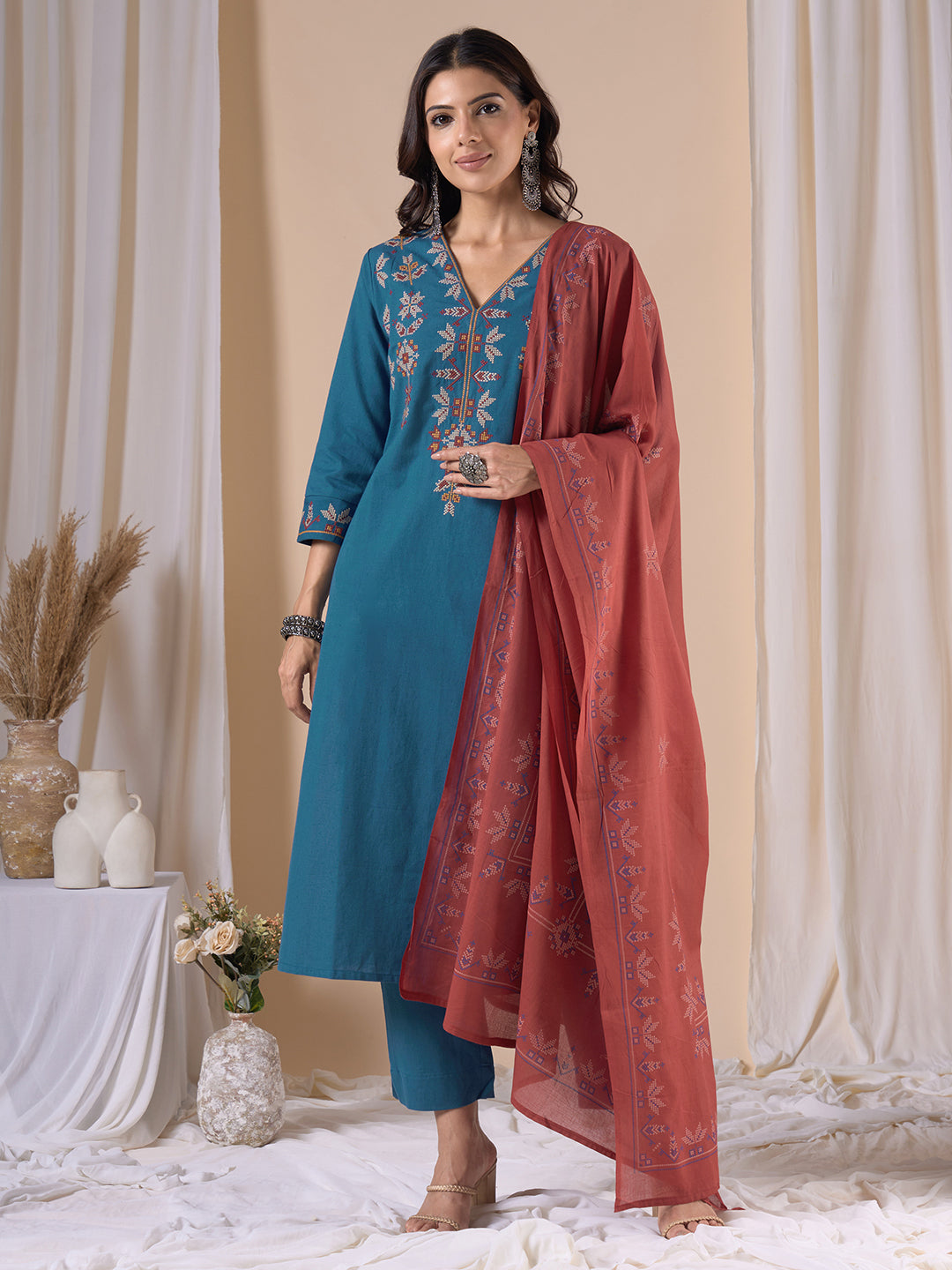 Straight Fit Cotton Kurta Suit Set with Geometric Embroidery, Plain Bottom and Printed Dupatta.