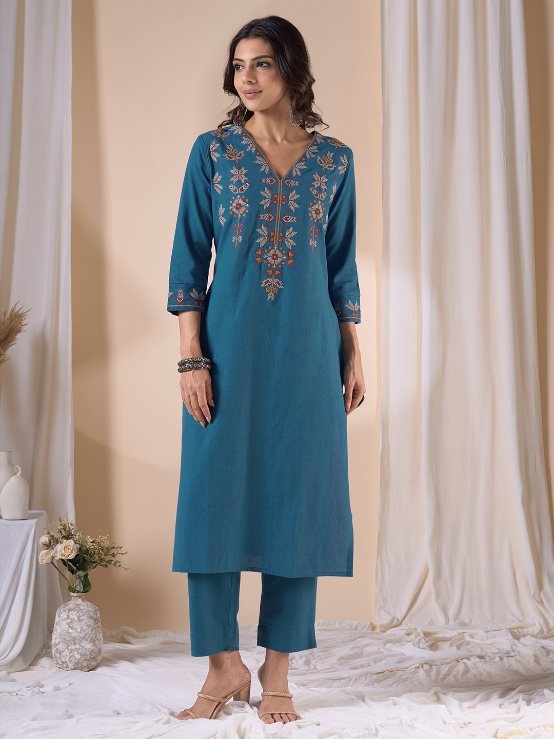 Straight Fit Cotton Kurta Suit Set with Geometric Embroidery, Plain Bottom and Printed Dupatta.