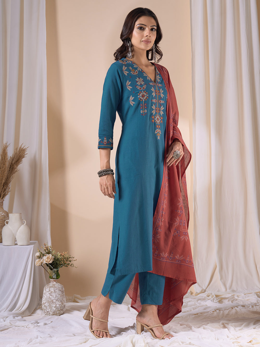 Straight Fit Cotton Kurta Suit Set with Geometric Embroidery, Plain Bottom and Printed Dupatta.