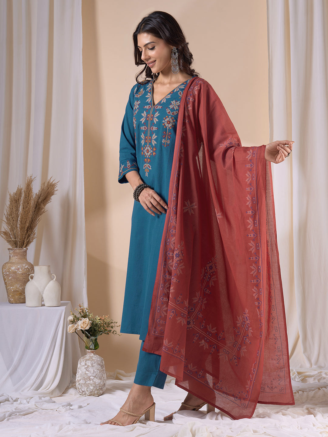 Straight Fit Cotton Kurta Suit Set with Geometric Embroidery, Plain Bottom and Printed Dupatta.