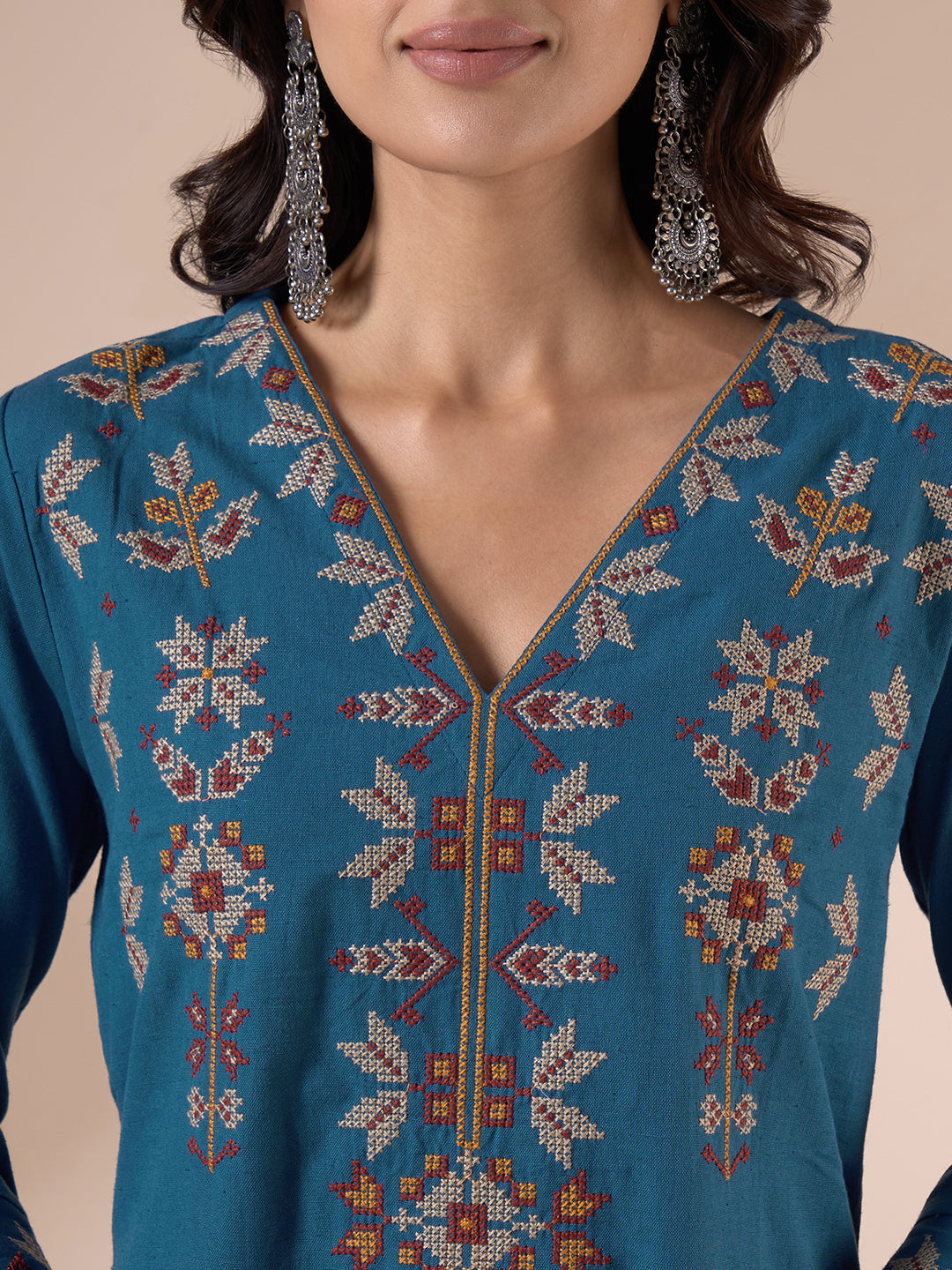 Straight Fit Cotton Kurta Suit Set with Geometric Embroidery, Plain Bottom and Printed Dupatta.