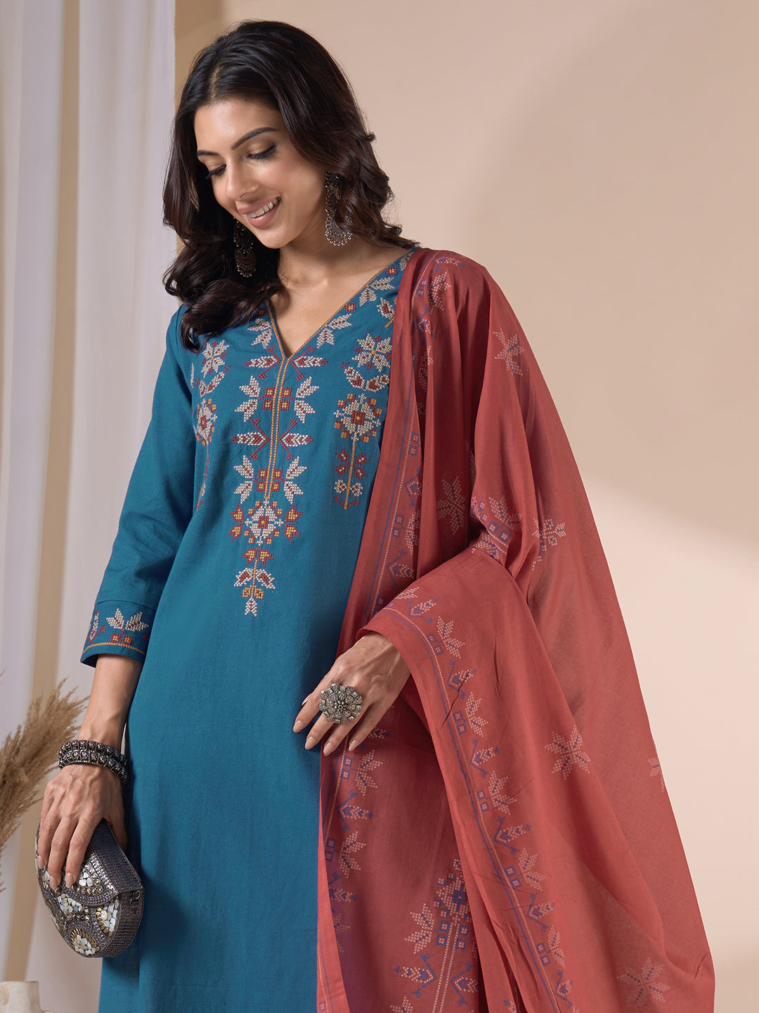 Straight Fit Cotton Kurta Suit Set with Geometric Embroidery, Plain Bottom and Printed Dupatta.