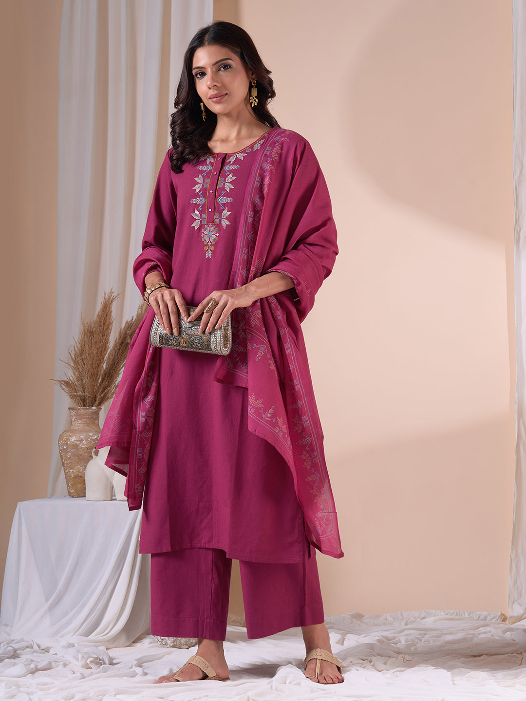Straight fit Kurta Suit Set with Floral Embroidery, Plain Palazzo and Printed Dupatta.