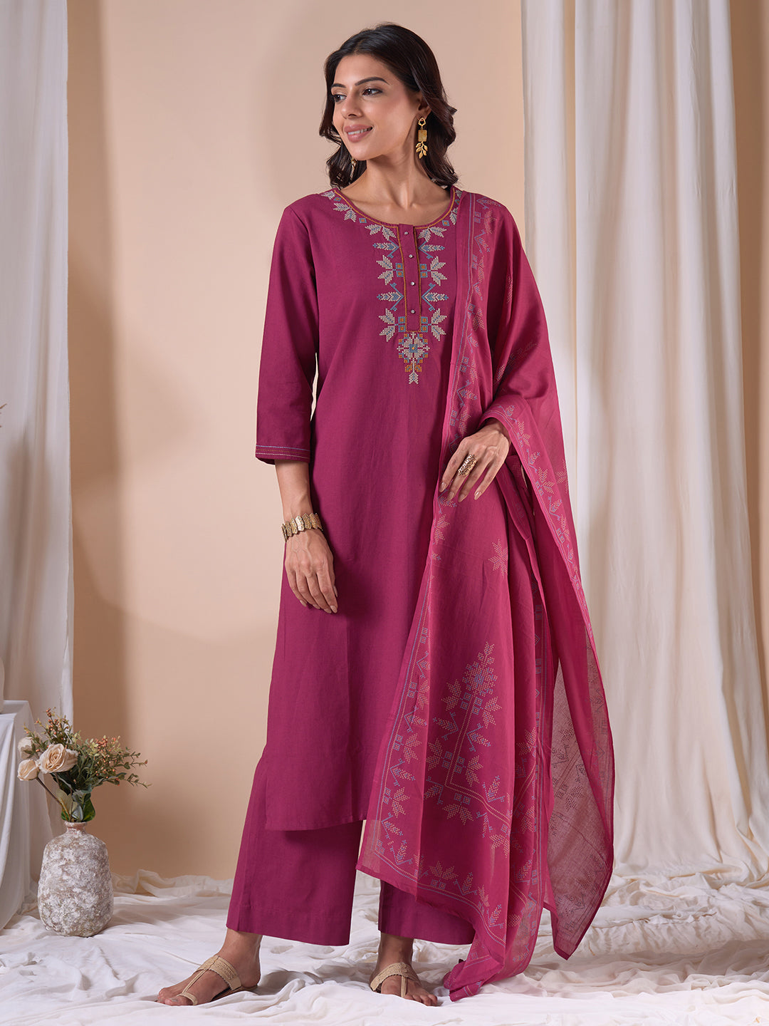 Straight fit Kurta Suit Set with Floral Embroidery, Plain Palazzo and Printed Dupatta.