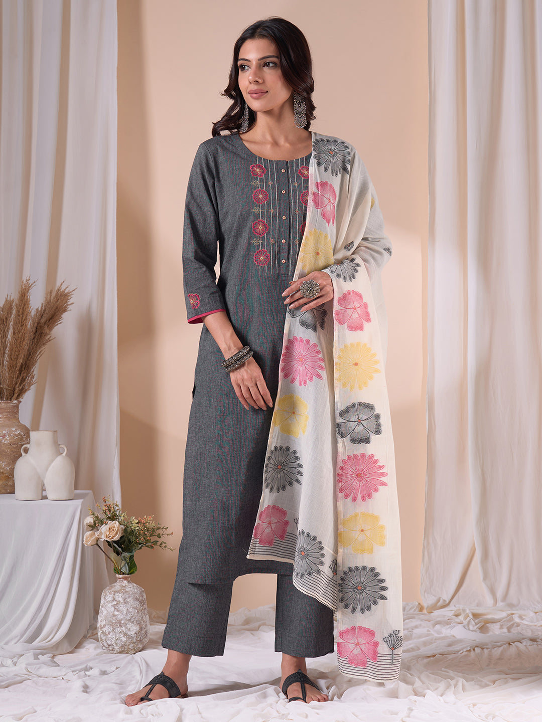 Straight Fit Textured Kurta Set with Floral Embroidery, Plain Pants & Printed Dupatta.