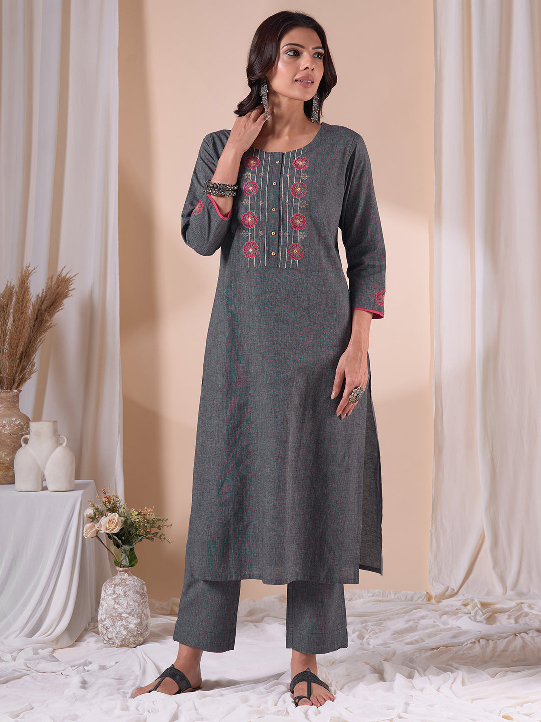 Straight Fit Textured Kurta Set with Floral Embroidery, Plain Pants & Printed Dupatta.