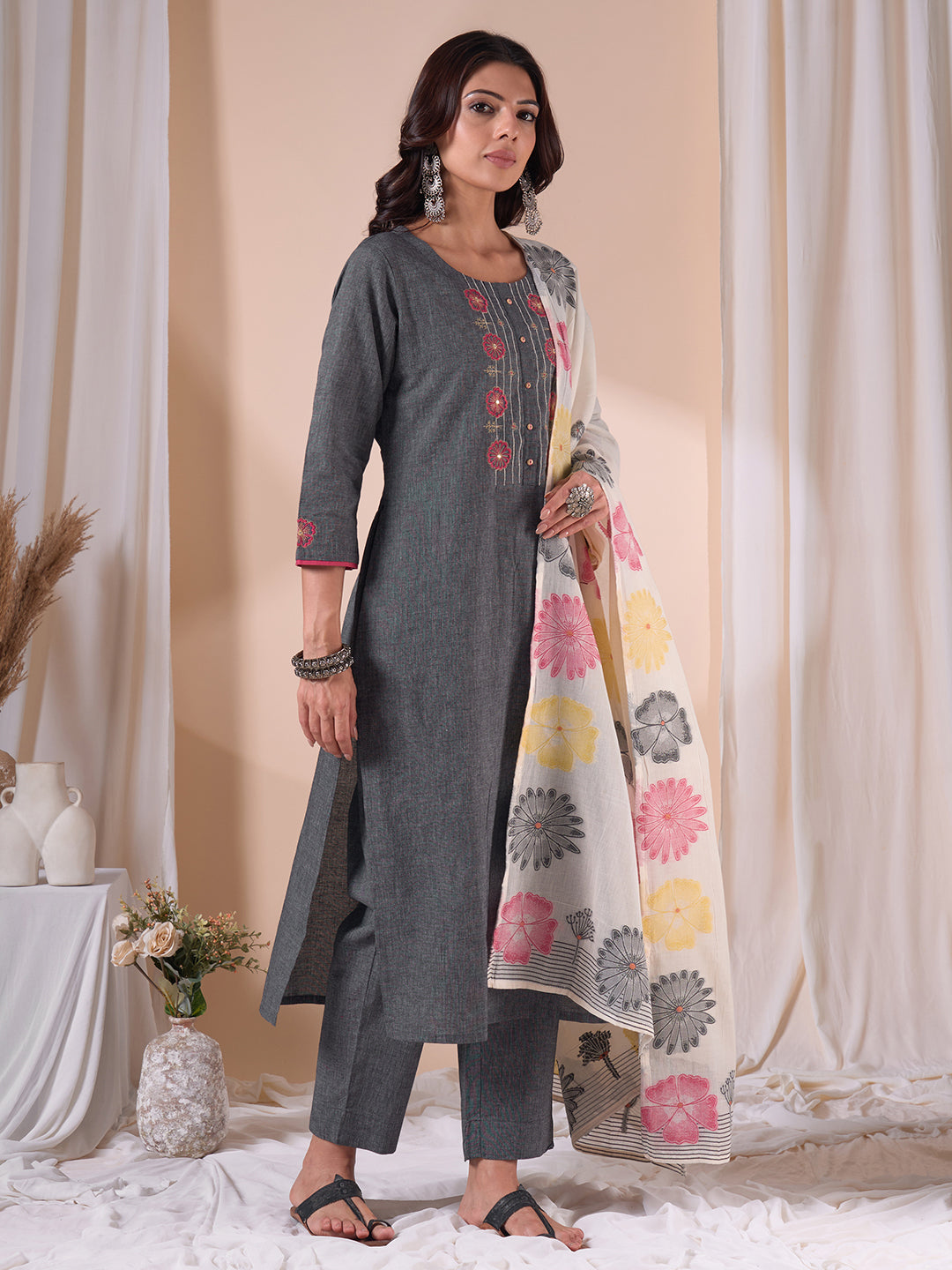 Straight Fit Textured Kurta Set with Floral Embroidery, Plain Pants & Printed Dupatta.