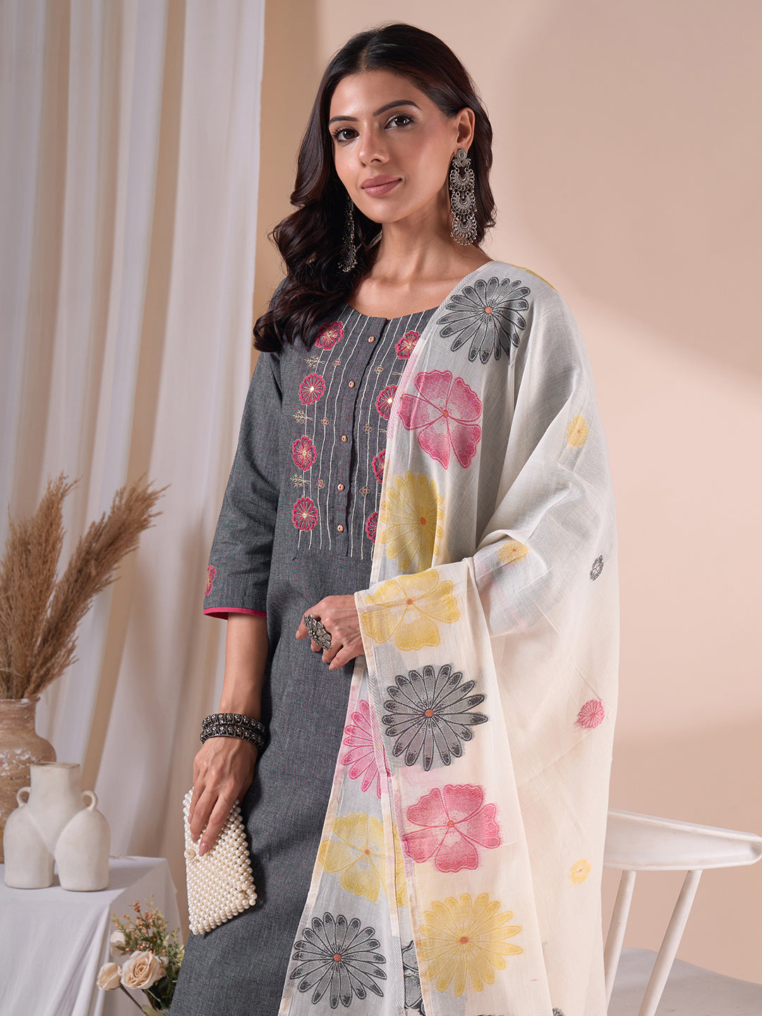 Straight Fit Textured Kurta Set with Floral Embroidery, Plain Pants & Printed Dupatta.