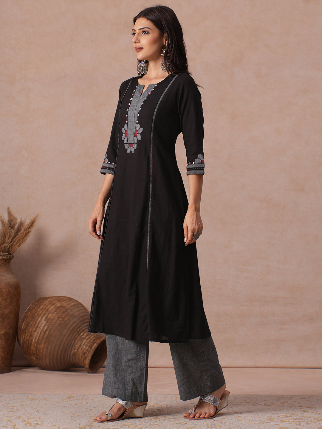 A-line Cotton Kurta Set with Mirror Work, Striped Panel & Geometric Applique with Striped Palazoo.