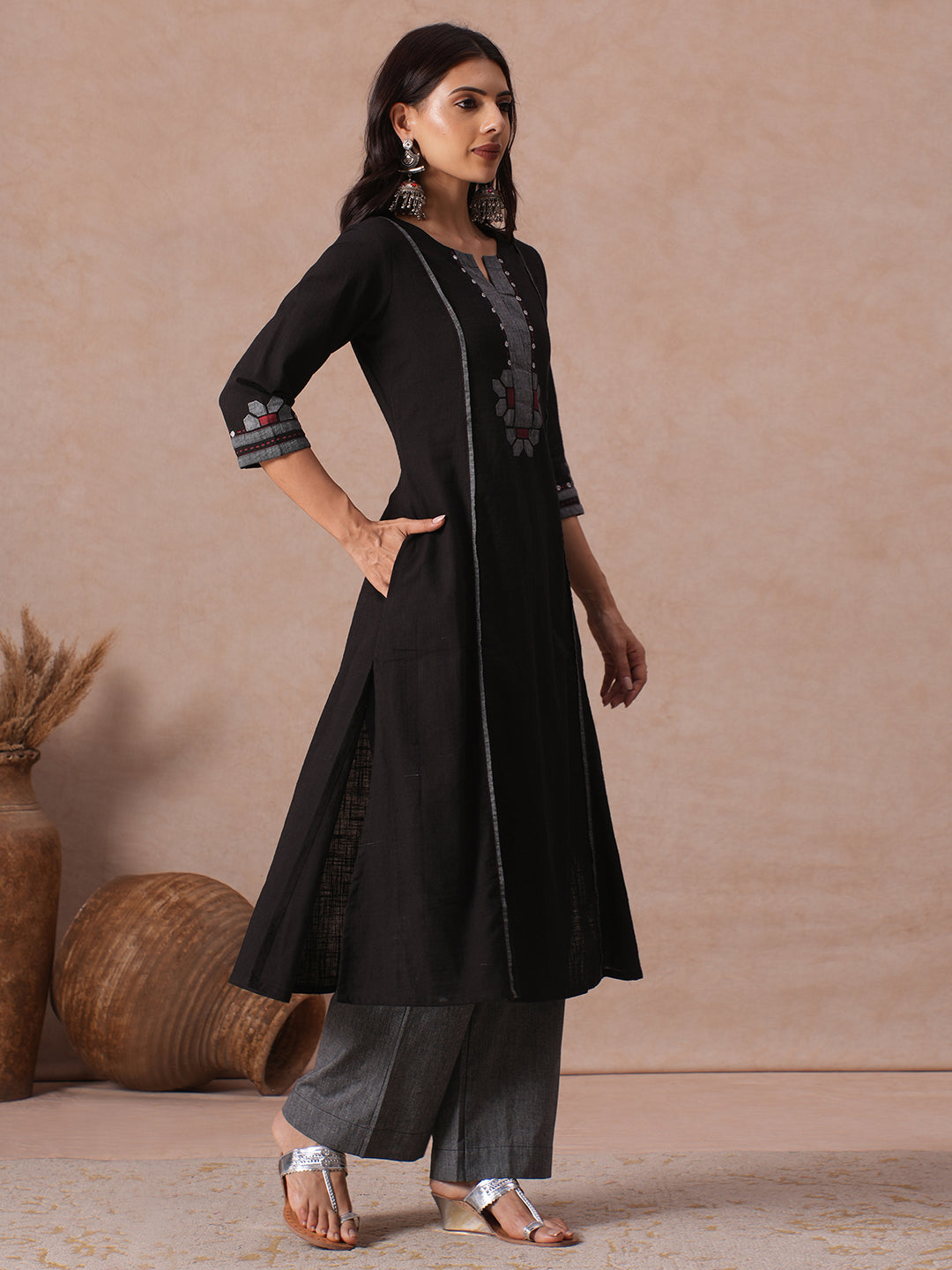A-line Cotton Kurta Set with Mirror Work, Striped Panel & Geometric Applique with Striped Palazoo.