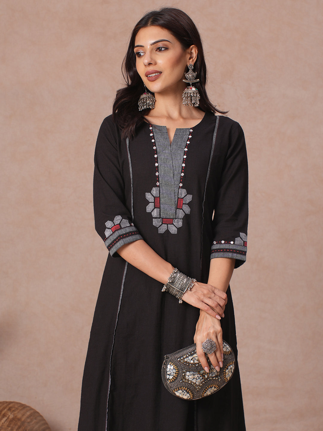 A-line Cotton Kurta with Mirror Work, Striped Panel & Geometric Applique.