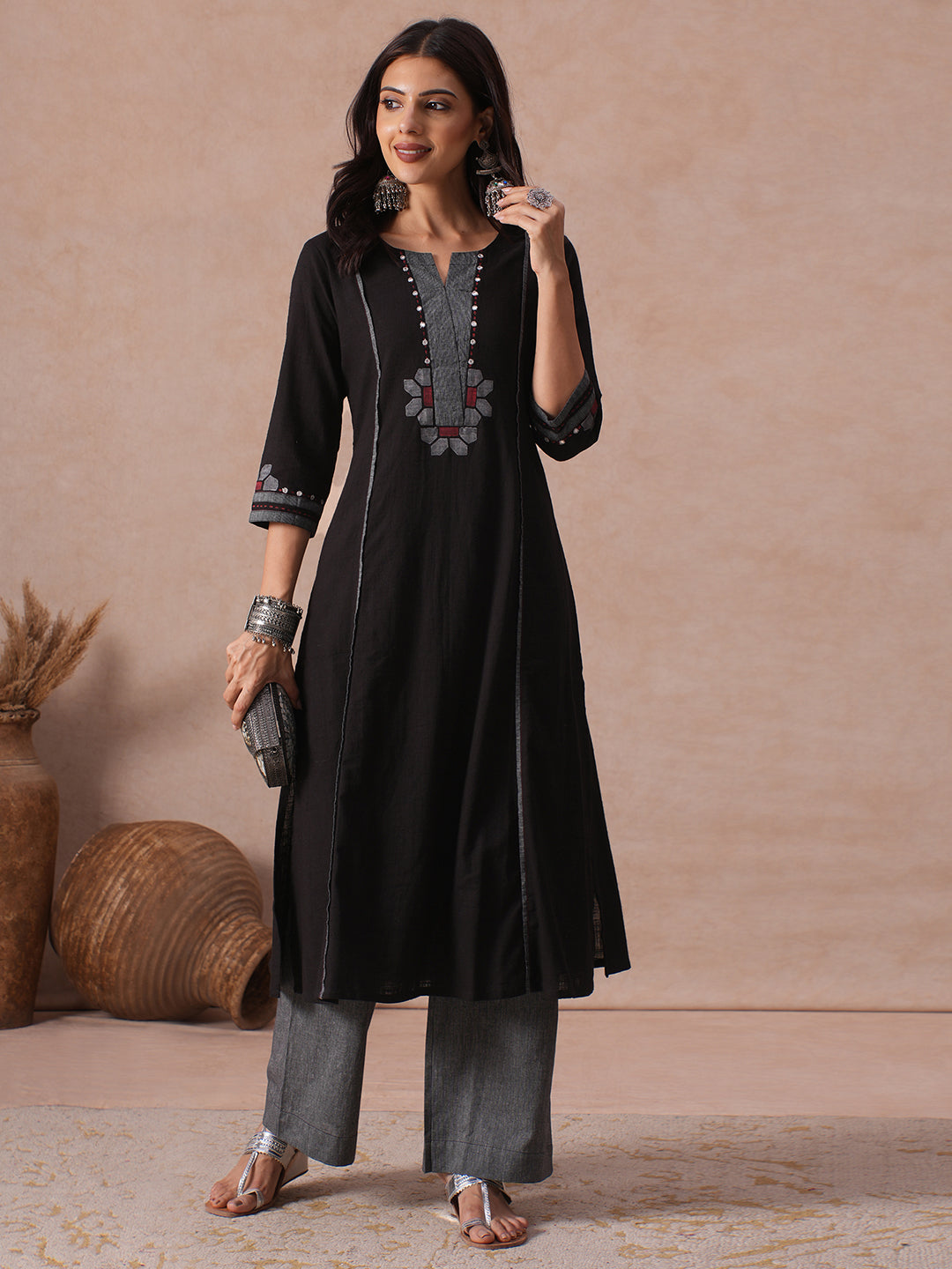 A-line Cotton Kurta with Mirror Work, Striped Panel & Geometric Applique.