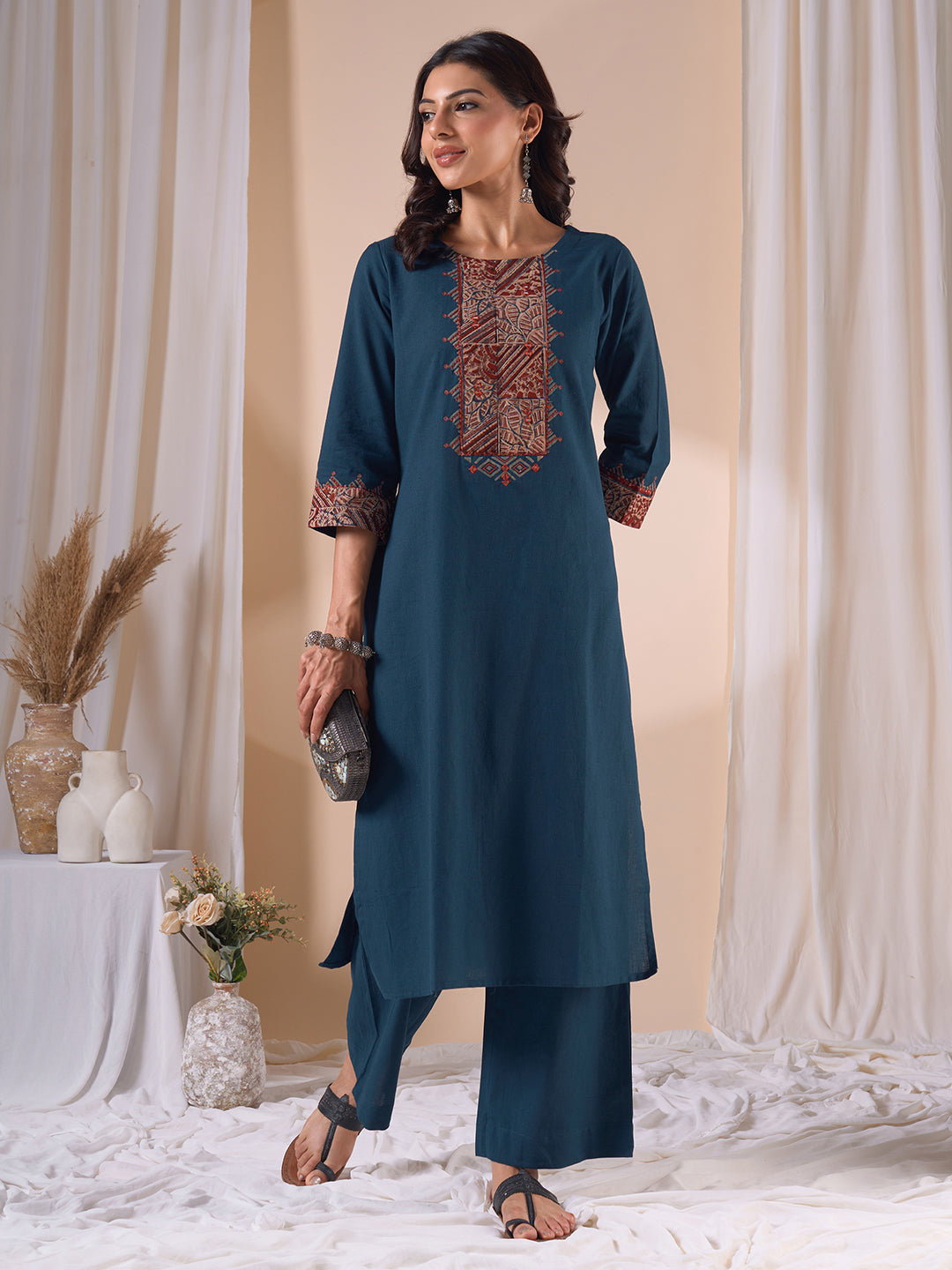 Straight Fit Cotton Kurta Set with Ajrakh Print, Intricate Mirror Work and Plain Palazzo.