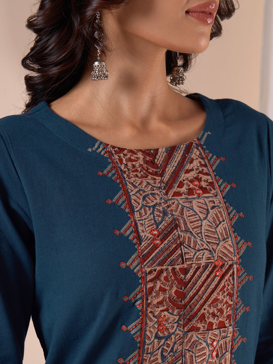Straight Fit Cotton Kurta Set with Ajrakh Print, Intricate Mirror Work and Plain Palazzo.