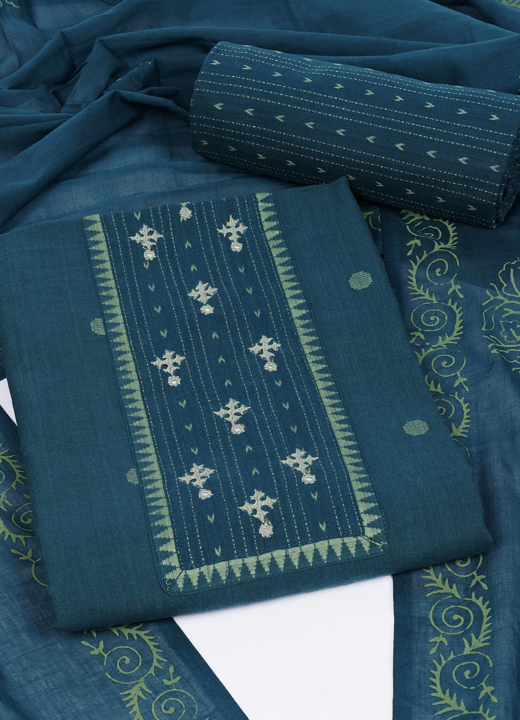 Cotton Woven Ready-to-Stitch Suit Set with Rabari Handwork Yoke & Block Print Dupatta Material.(Blue)