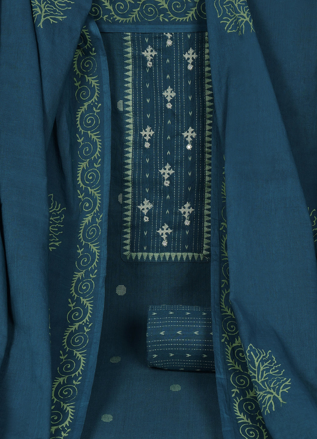 Cotton Woven Ready-to-Stitch Suit Set with Rabari Handwork Yoke & Block Print Dupatta Material.(Blue)