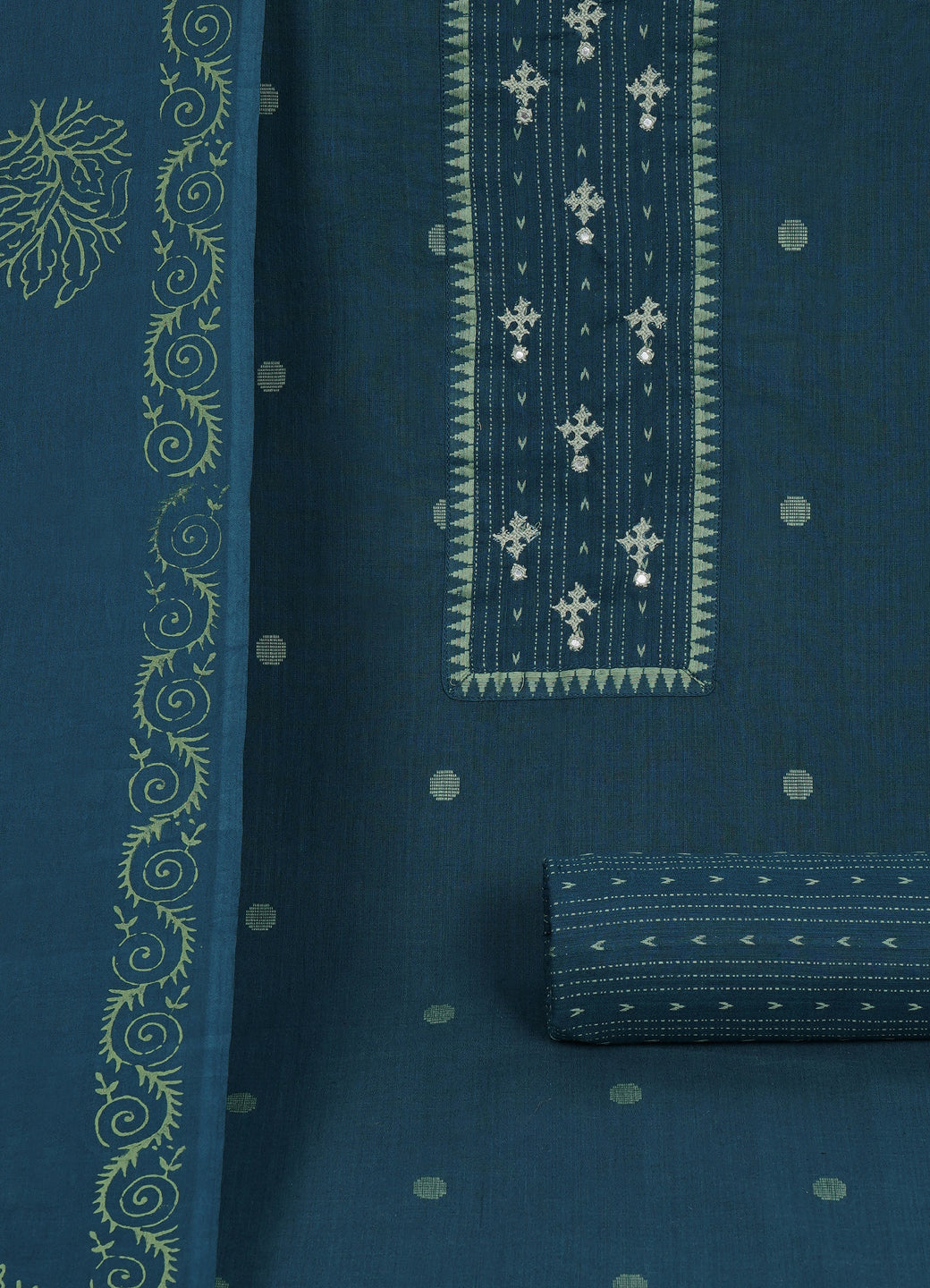 Cotton Woven Ready-to-Stitch Suit Set with Rabari Handwork Yoke & Block Print Dupatta Material.(Blue)