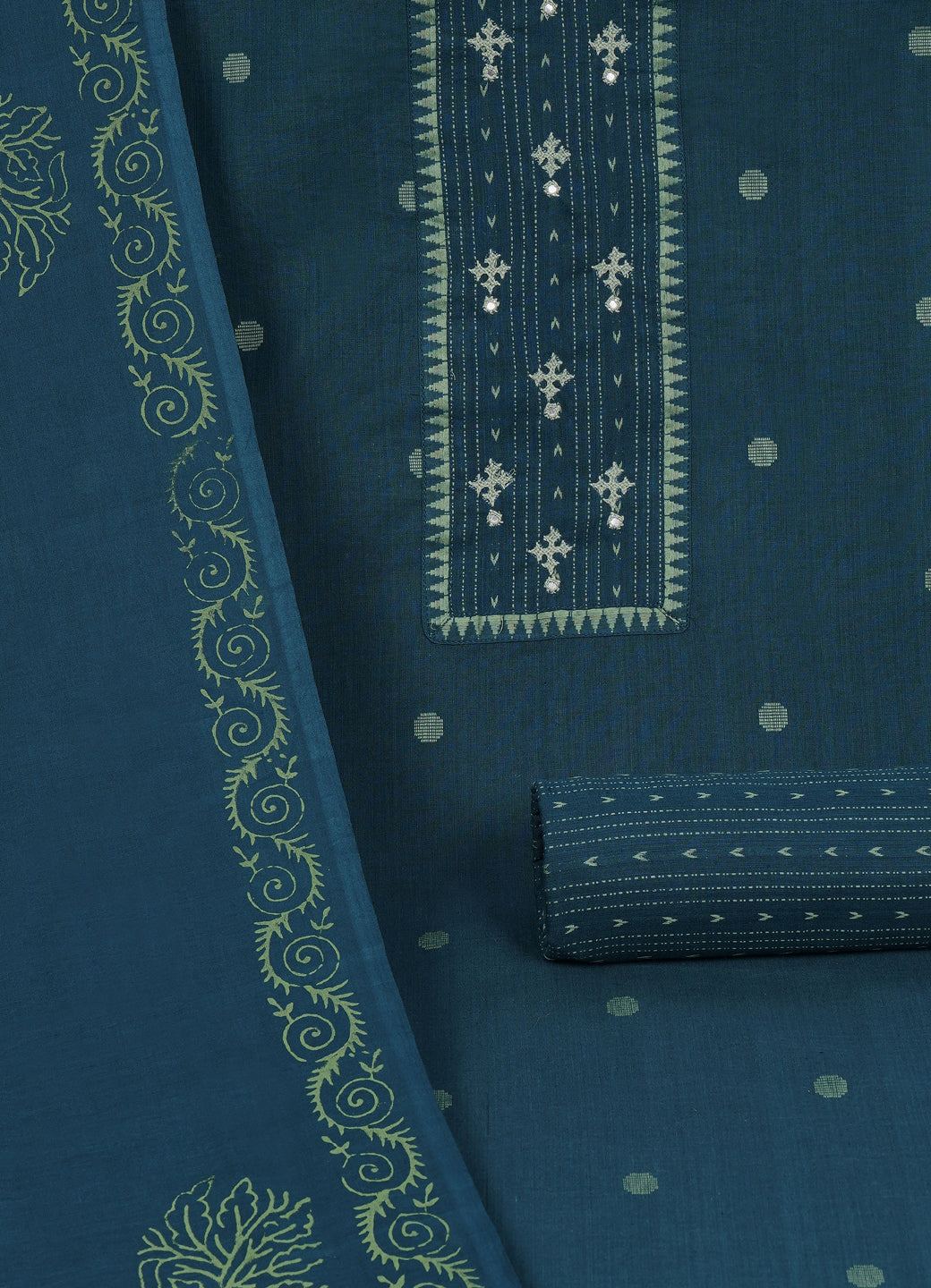 Cotton Woven Ready-to-Stitch Suit Set with Rabari Handwork Yoke & Block Print Dupatta Material.(Blue)