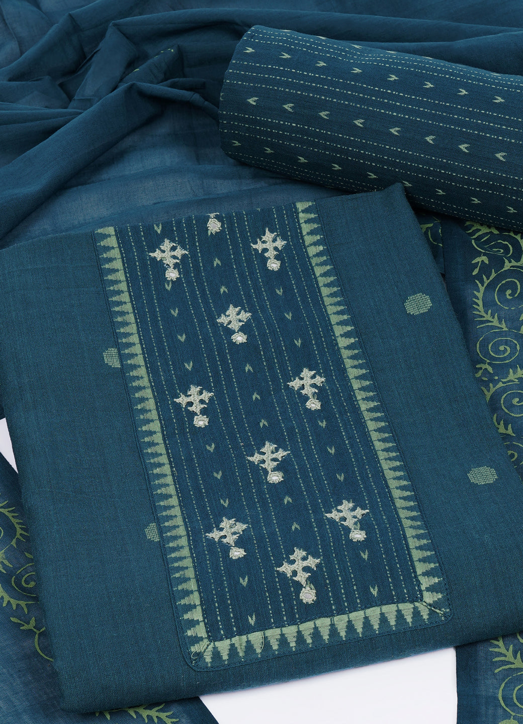 Cotton Woven Ready-to-Stitch Suit Set with Rabari Handwork Yoke & Block Print Dupatta Material.(Blue)