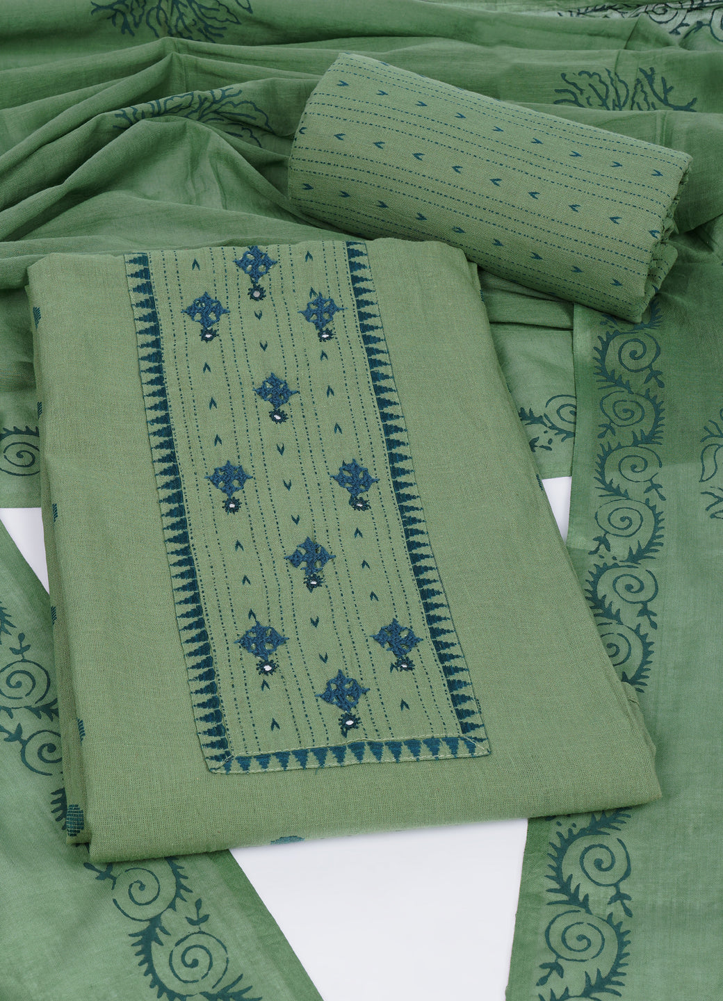 Cotton Woven Ready-to-Stitch Suit Set with Rabari Handwork Yoke & Block Print Dupatta Material.(Green)