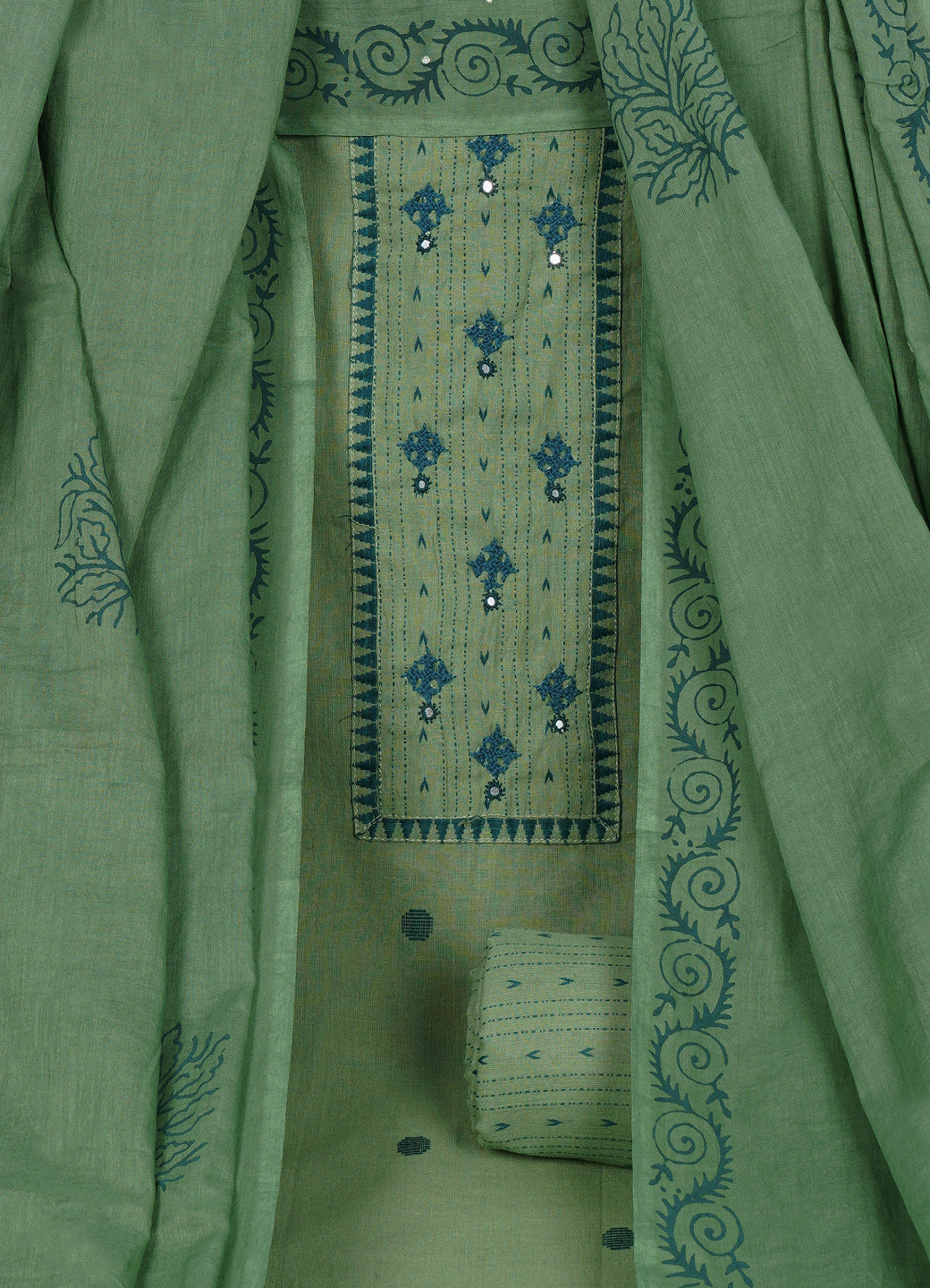 Cotton Woven Ready-to-Stitch Suit Set with Rabari Handwork Yoke & Block Print Dupatta Material.(Green)