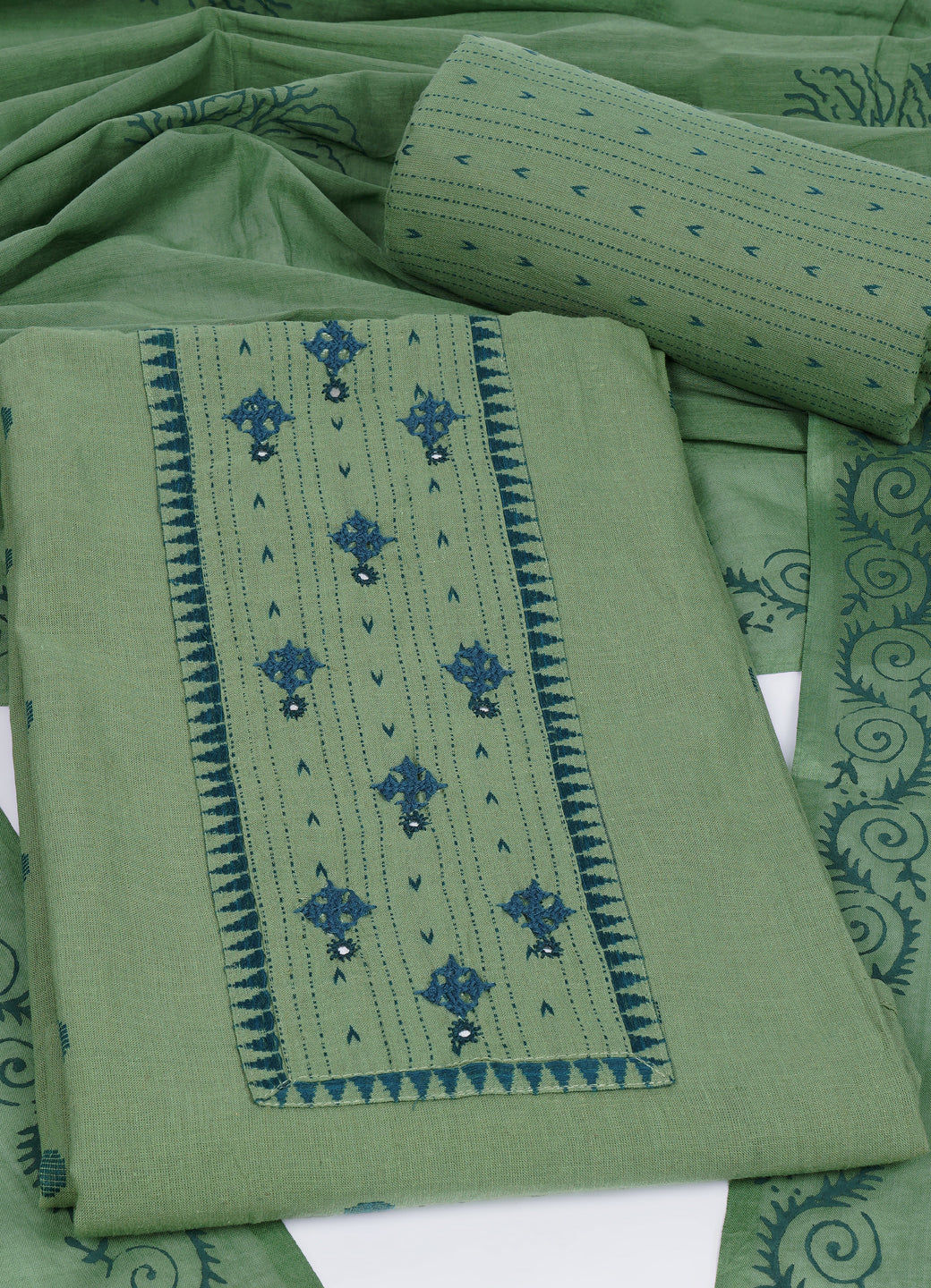 Cotton Woven Ready-to-Stitch Suit Set with Rabari Handwork Yoke & Block Print Dupatta Material.(Green)
