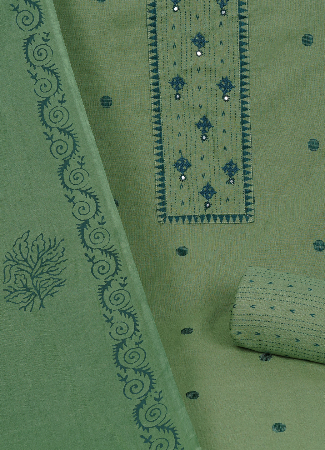 Cotton Woven Ready-to-Stitch Suit Set with Rabari Handwork Yoke & Block Print Dupatta Material.(Green)