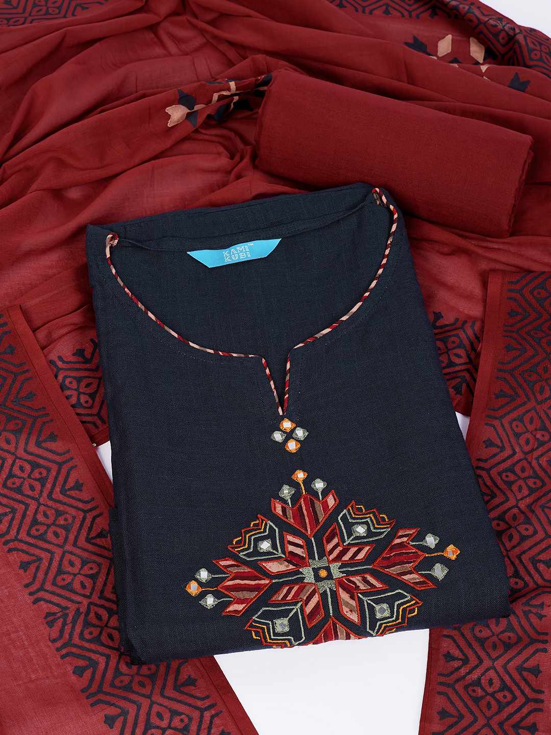 Unstitched Cotton 3-Piece Suit Set with Mirror Work, Printed Dupatta & Plain Bottom.(Blue)