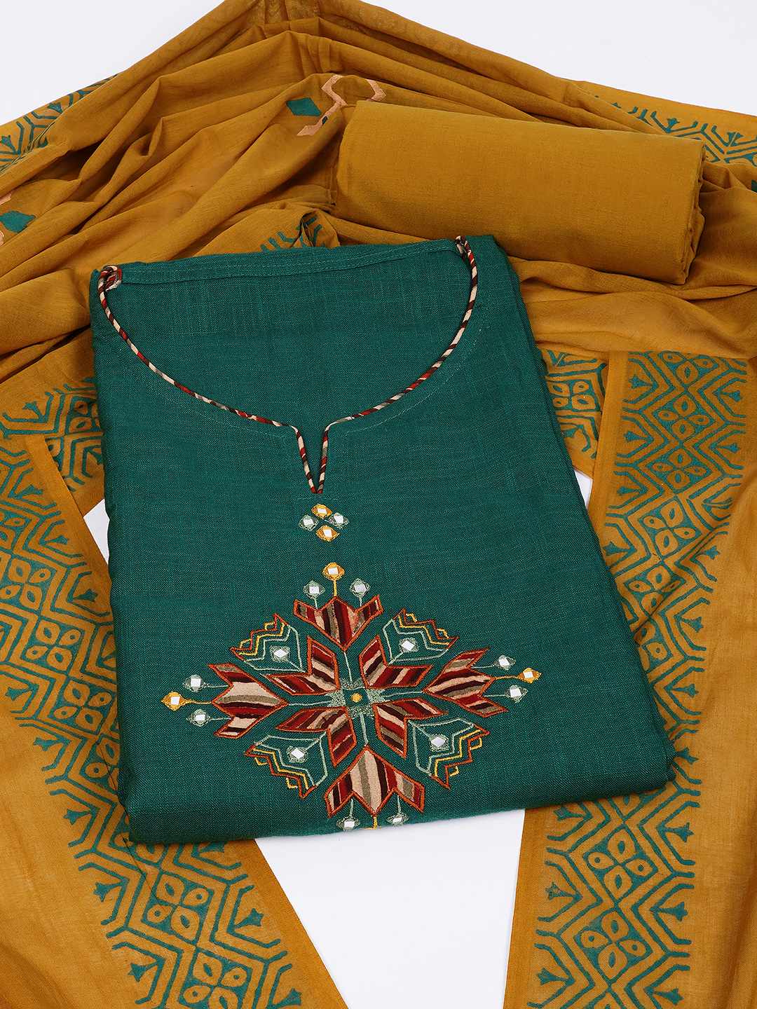 Unstitched Cotton 3-Piece Suit Set with Mirror Work, Printed Dupatta & Plain Bottom.(Green)