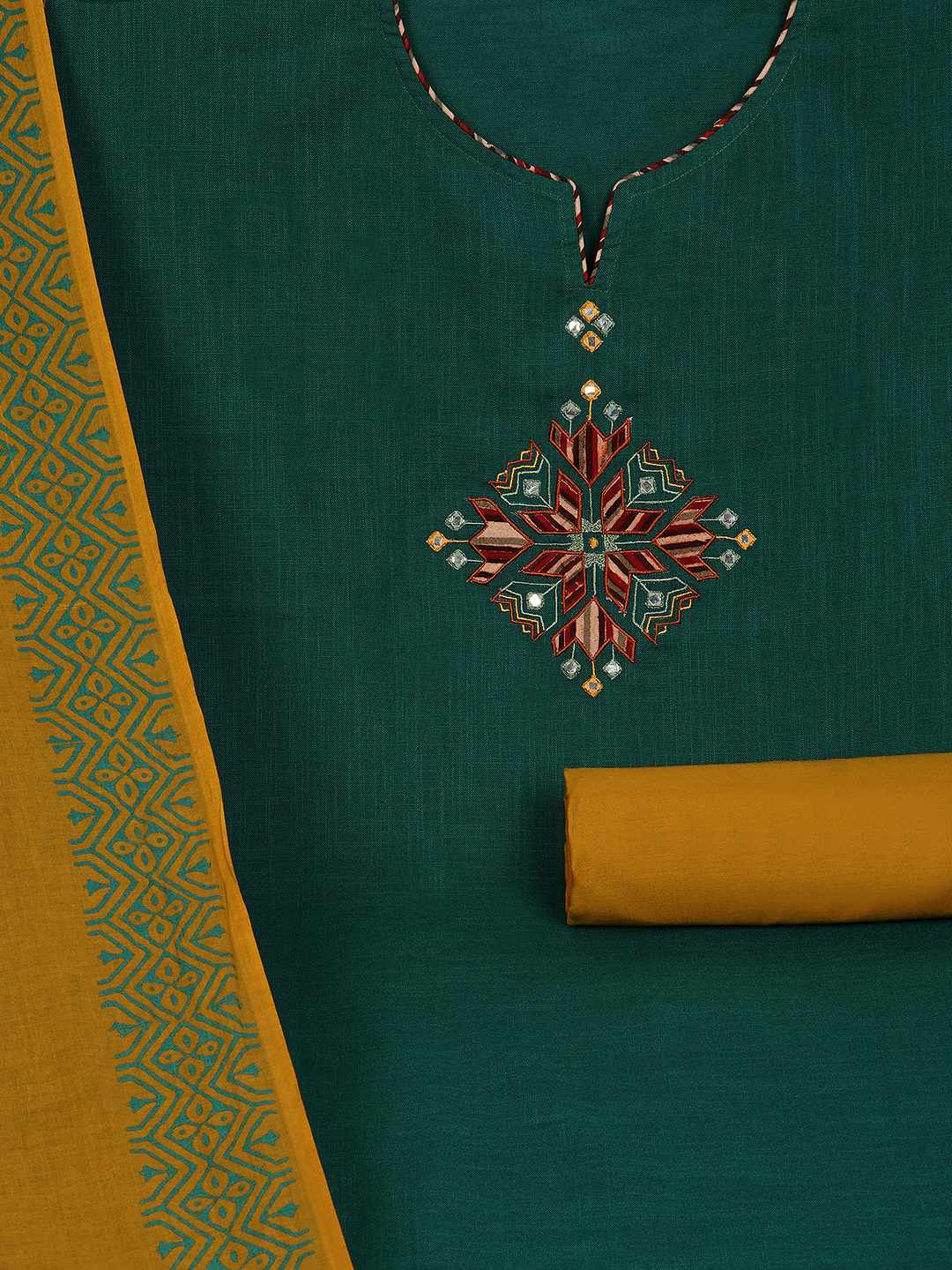 Unstitched Cotton 3-Piece Suit Set with Mirror Work, Printed Dupatta & Plain Bottom.(Green)