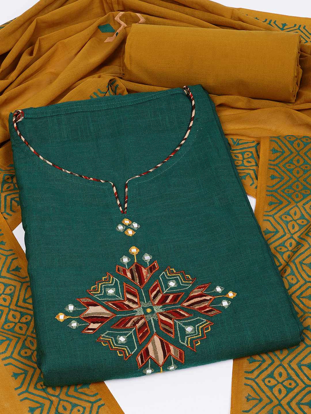 Unstitched Cotton 3-Piece Suit Set with Mirror Work, Printed Dupatta & Plain Bottom.(Green)