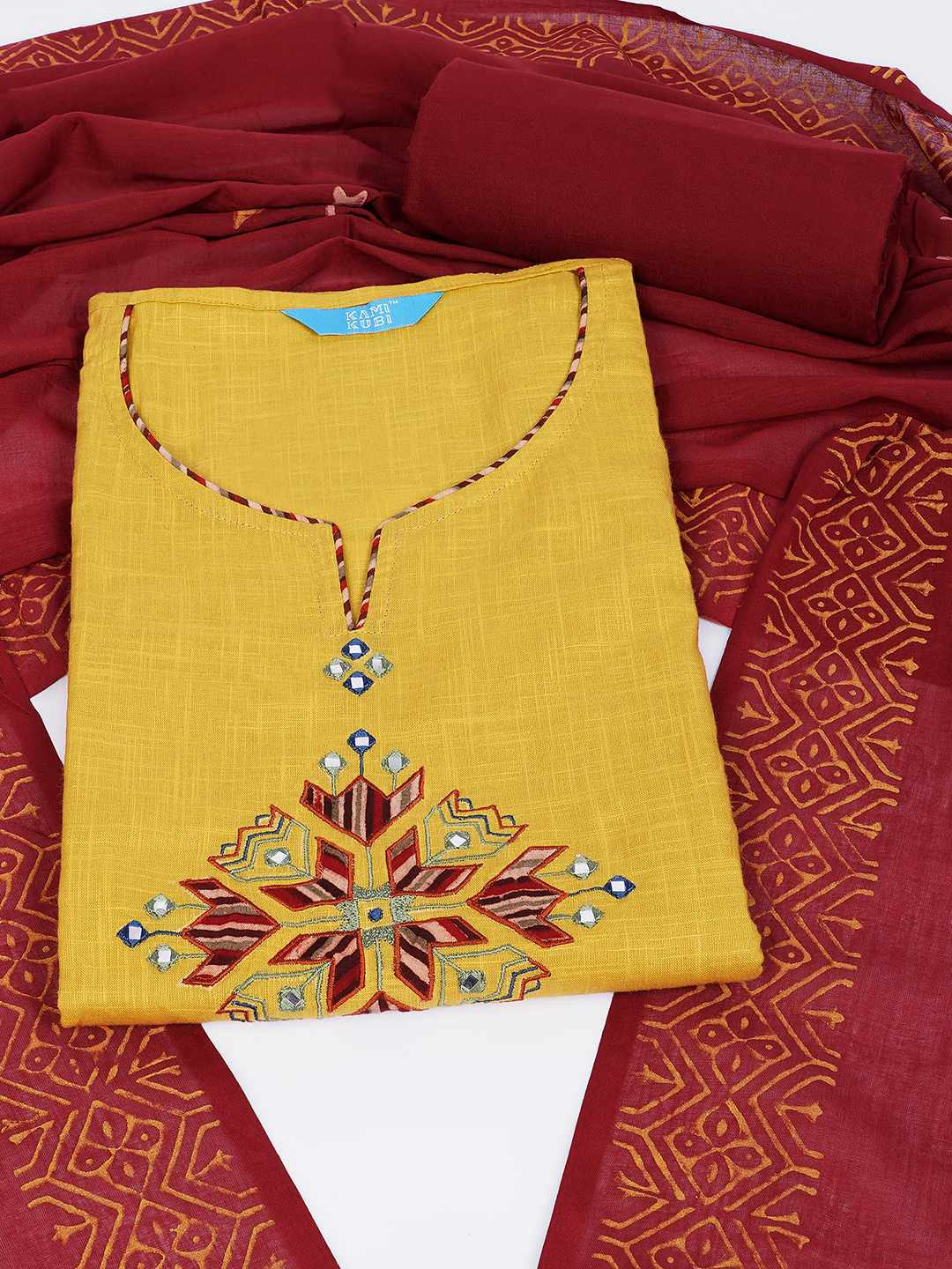 Unstitched Cotton 3-Piece Suit Set with Mirror Work, Printed Dupatta & Plain Bottom.(Yellow)