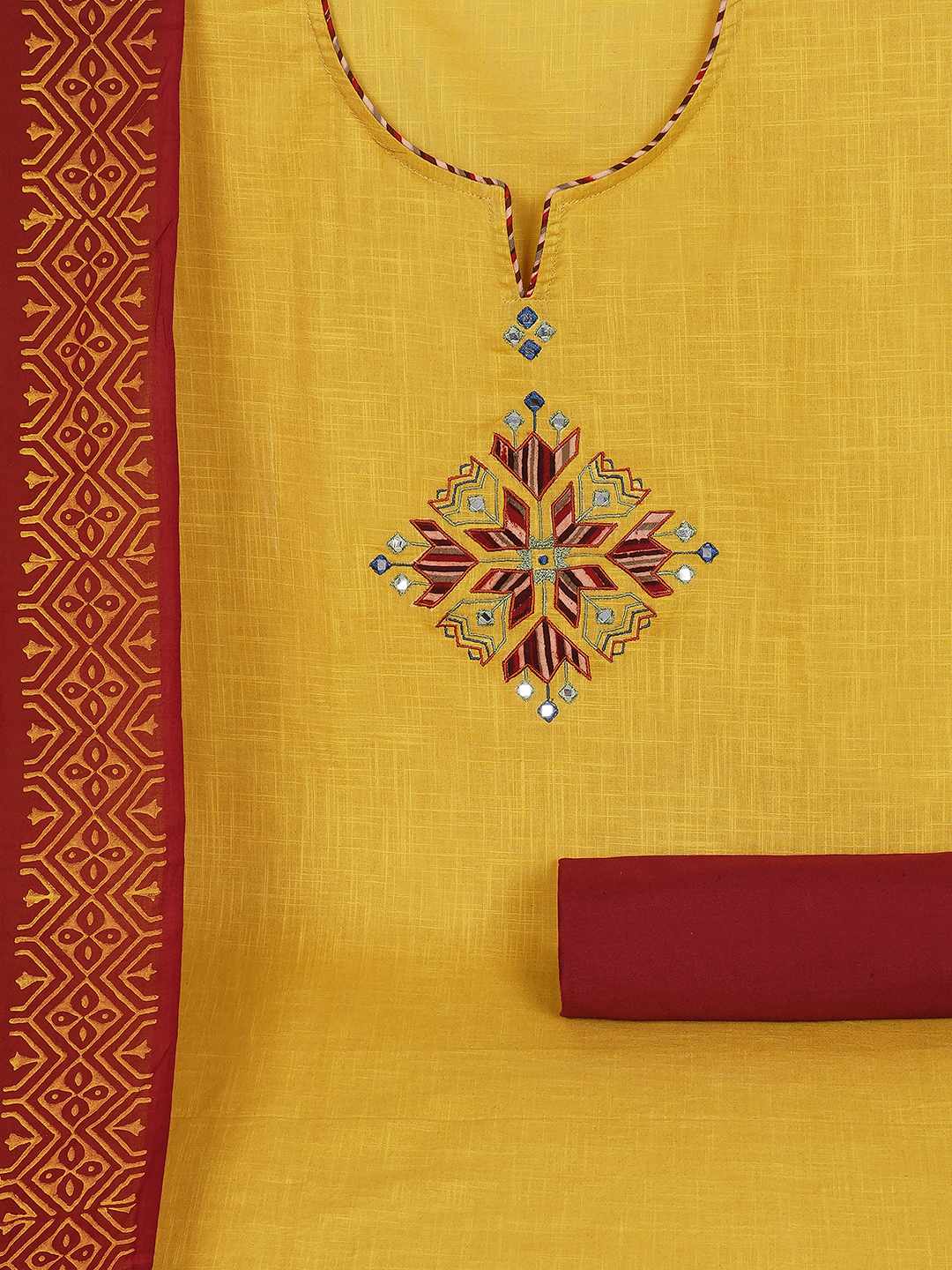 Unstitched Cotton 3-Piece Suit Set with Mirror Work, Printed Dupatta & Plain Bottom.(Yellow)