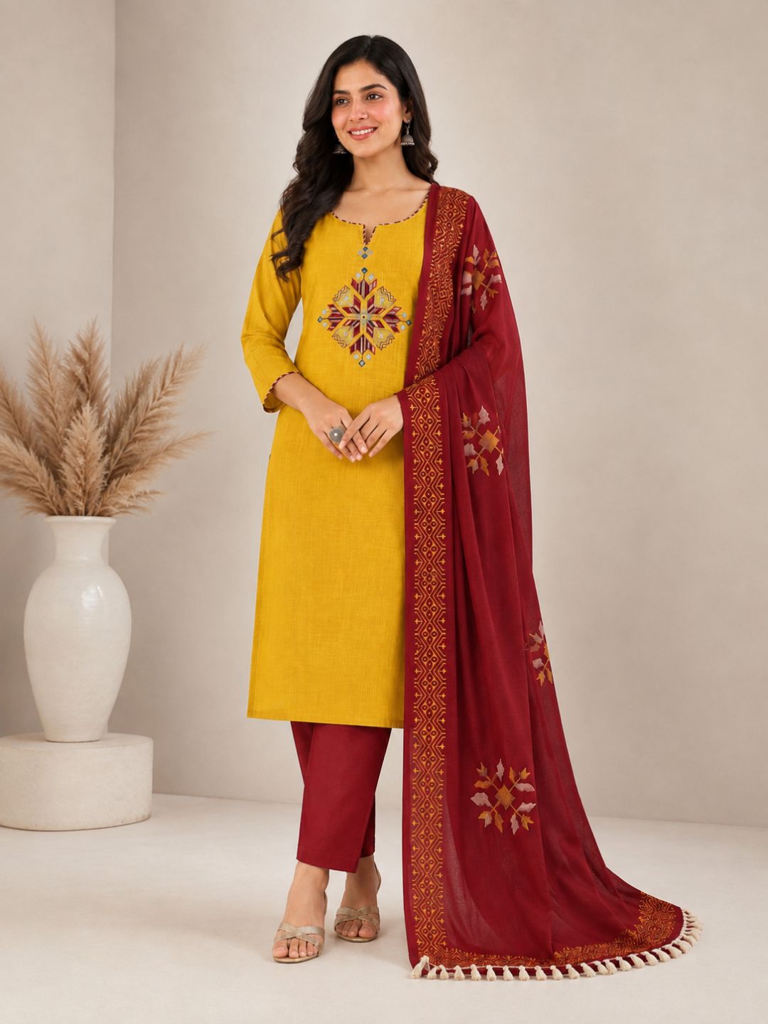 Unstitched Cotton 3-Piece Suit Set with Mirror Work, Printed Dupatta & Plain Bottom.(Yellow)