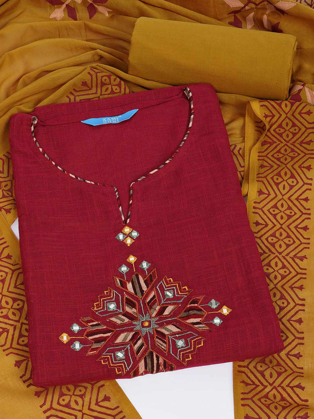 Unstitched Cotton 3-Piece Suit Set with Mirror Work, Printed Dupatta & Plain Bottom.(Maroon)