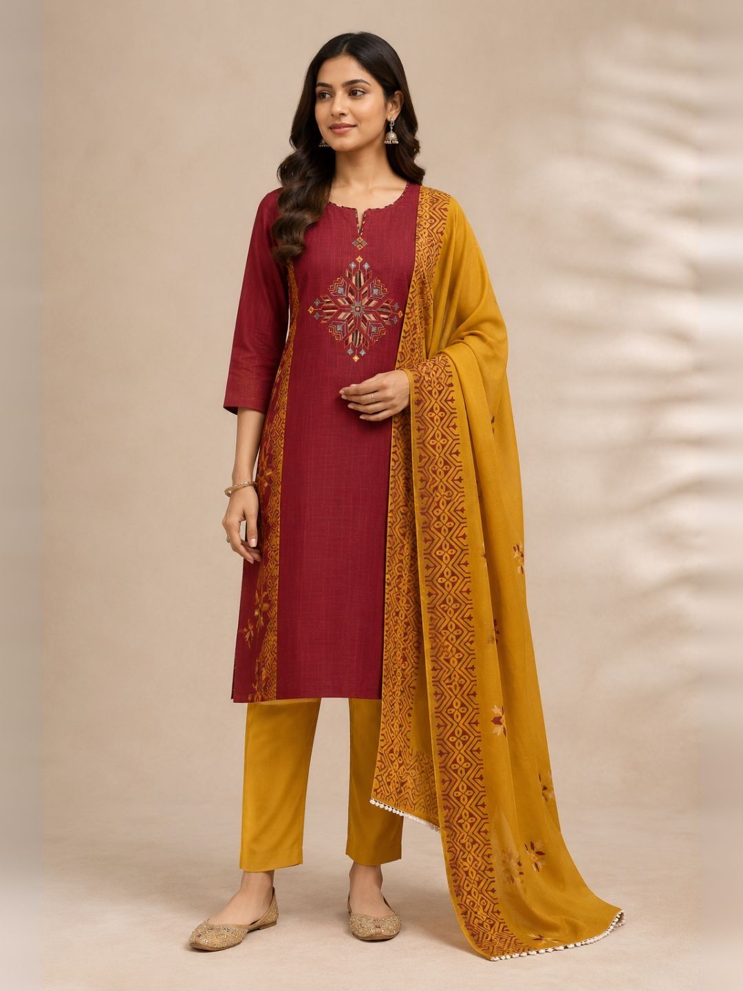 Unstitched Cotton 3-Piece Suit Set with Mirror Work, Printed Dupatta & Plain Bottom.(Maroon)