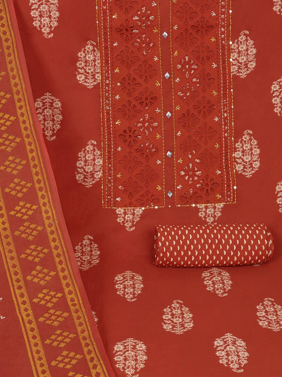 Unstitched Cotton Cutwork Embroidered 3-Piece Suit Set with Printed Bottom and Dupatta.(Orange)