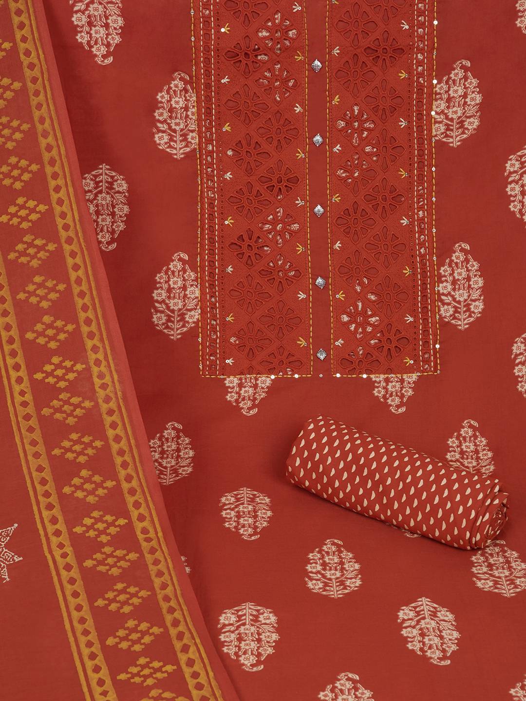 Unstitched Cotton Cutwork Embroidered 3-Piece Suit Set with Printed Bottom and Dupatta.(Orange)